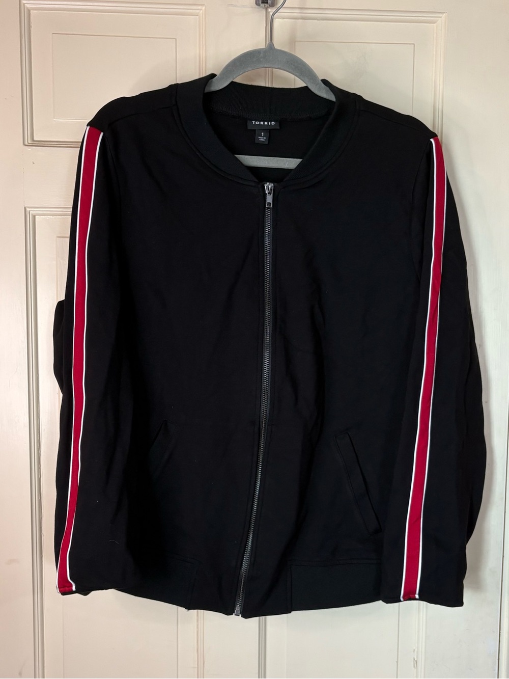 Torrid Women's Size 1 Black Bomber Track Jacket Red/White Stripe Full Zip